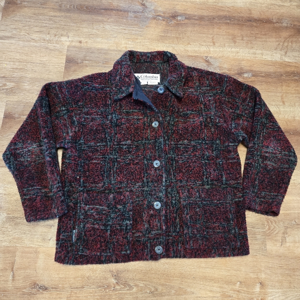 🇺🇸 Vintage Columbia Red and Green Plaid Button Up Sweater Medium Fall Colors
